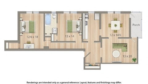Floor plan for 2 beds, 1 bath, 1205 sqft